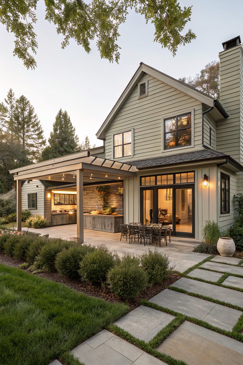 Backyard view of a two-story house with sage green horizontal siding, covered patio with outdoor kitchen and dining table, concrete paver paths, shrubs, large terracotta pot, and lawn bordering trees at dusk.