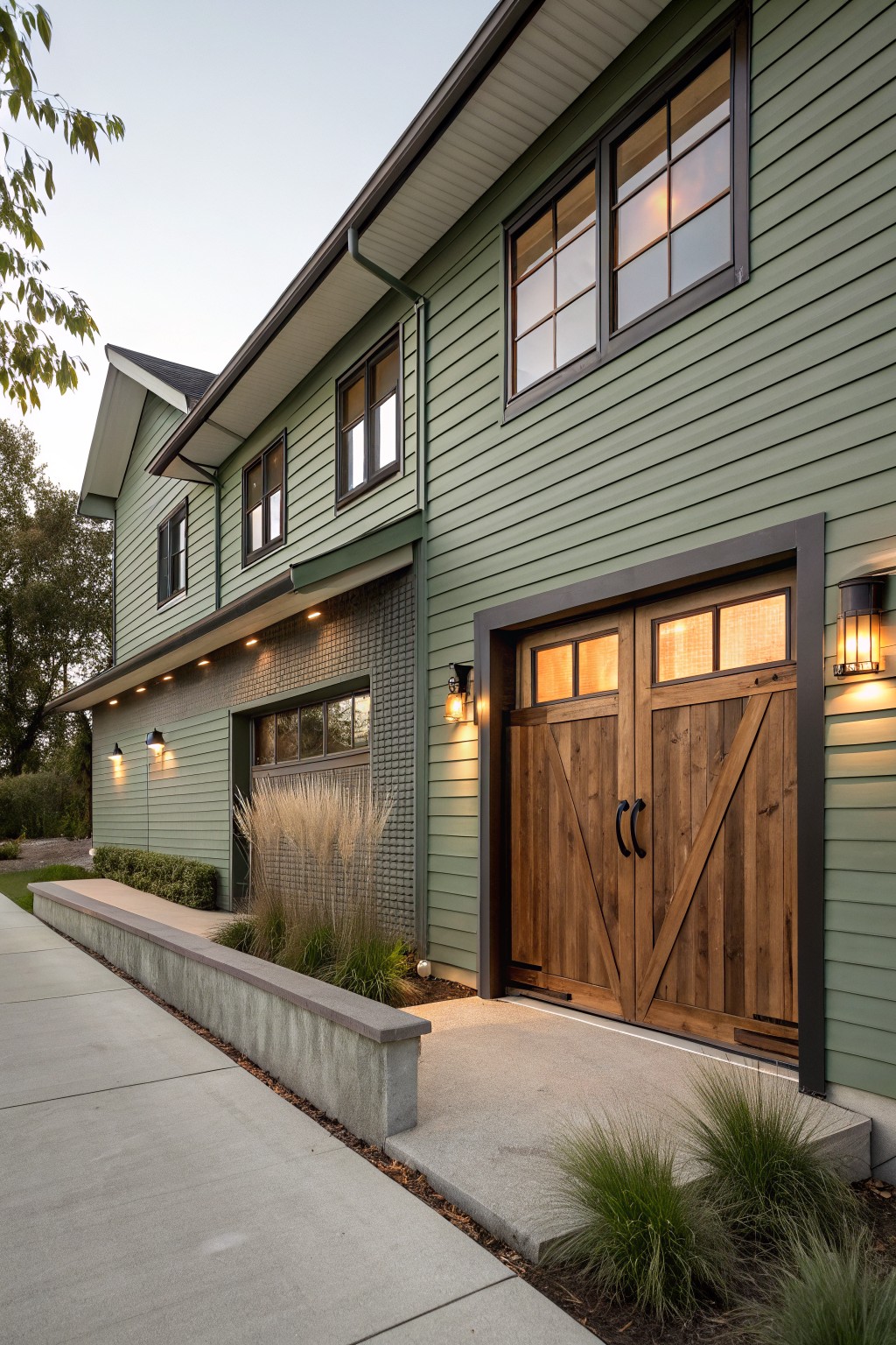 Side exterior of a two-story house with sage green lap siding, black window frames, wooden garage door with glass panels, concrete pathway, and low landscaping along the base.