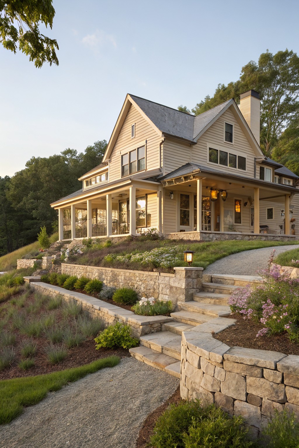 Two-story modern farmhouse with light beige horizontal siding, dark gray gabled roof, wraparound porch, large windows, stone chimney, terraced stone walls with steps and plantings on a green hillside surrounded by trees.