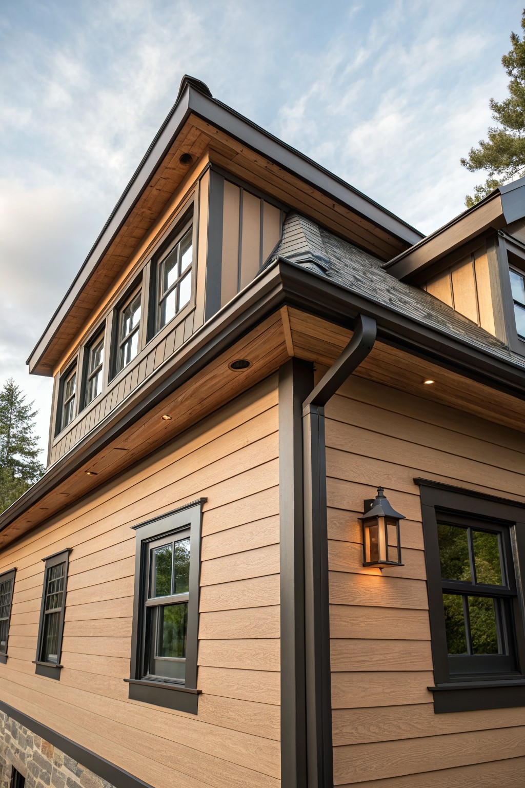 Side view of a two-story house featuring light brown horizontal wood siding, black-framed windows, dark gray roof and gutters, a wall lantern, and stone base amid trees.