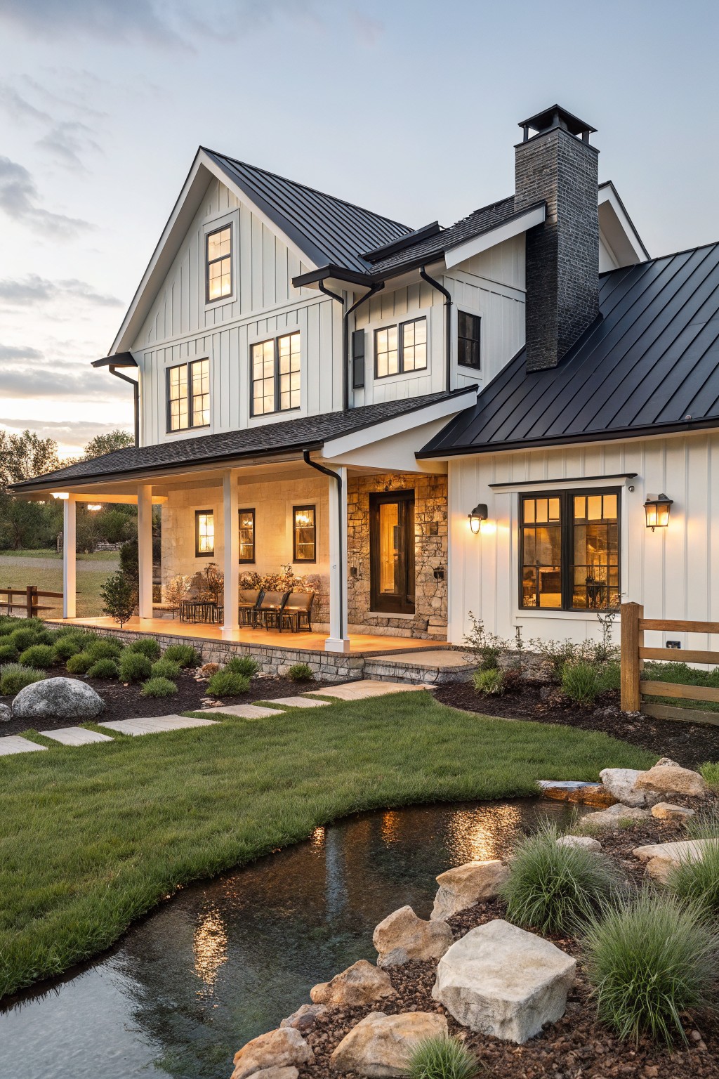Modern farmhouse exterior with white board-and-batten siding, black metal roof, covered porch with furniture, stone entry, and front yard landscaping including grass, rocks, plants, and a small water feature.