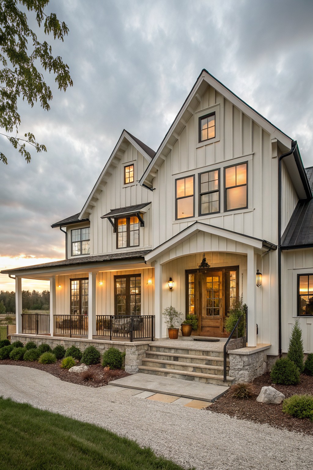 A two-story modern farmhouse exterior with white board and batten siding, black roof and trim, wraparound porch with black railings, large windows, stone steps to the entry, potted plants, and gravel driveway edged by shrubs and grass.