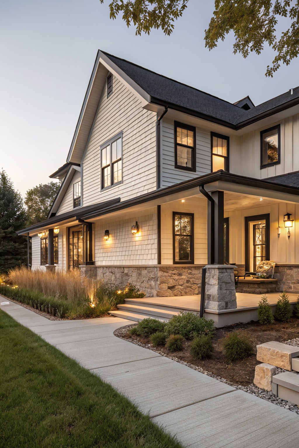 Single-story modern farmhouse exterior with light shiplap siding, black window frames and trim, dark roof, covered porch supported by stone pillars, lit lanterns, concrete walkway, ornamental grasses, shrubs, and lawn at dusk.