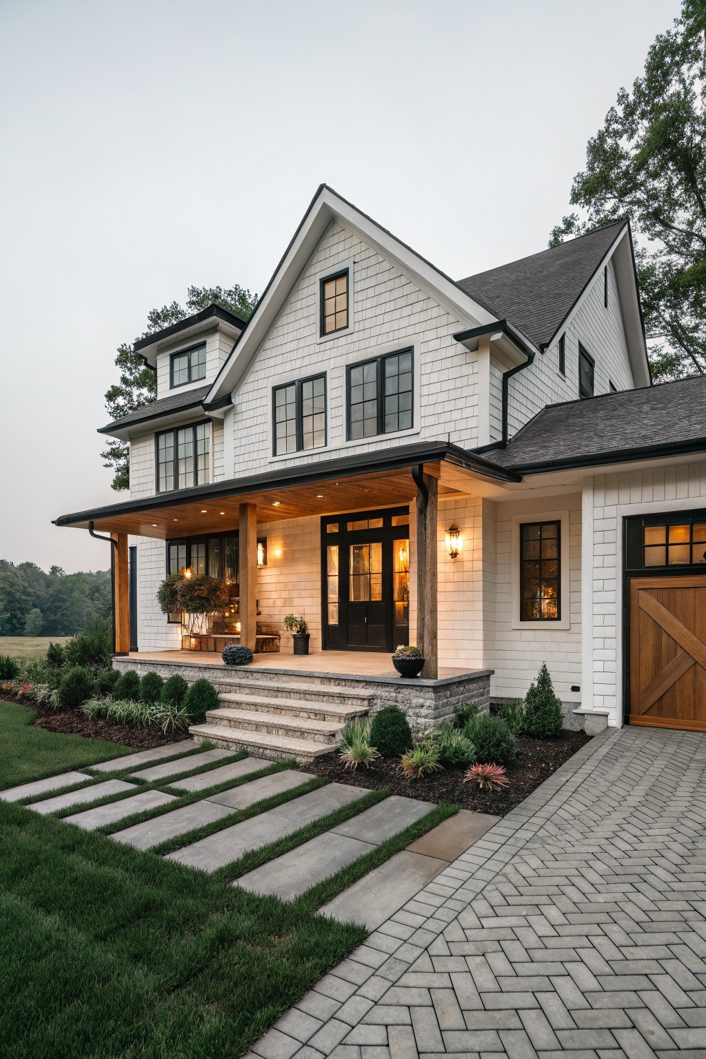 White two-story modern farmhouse house with black-framed windows, covered front porch supported by wood posts, double garage doors, stone steps, and landscaped yard with grass and shrubs.