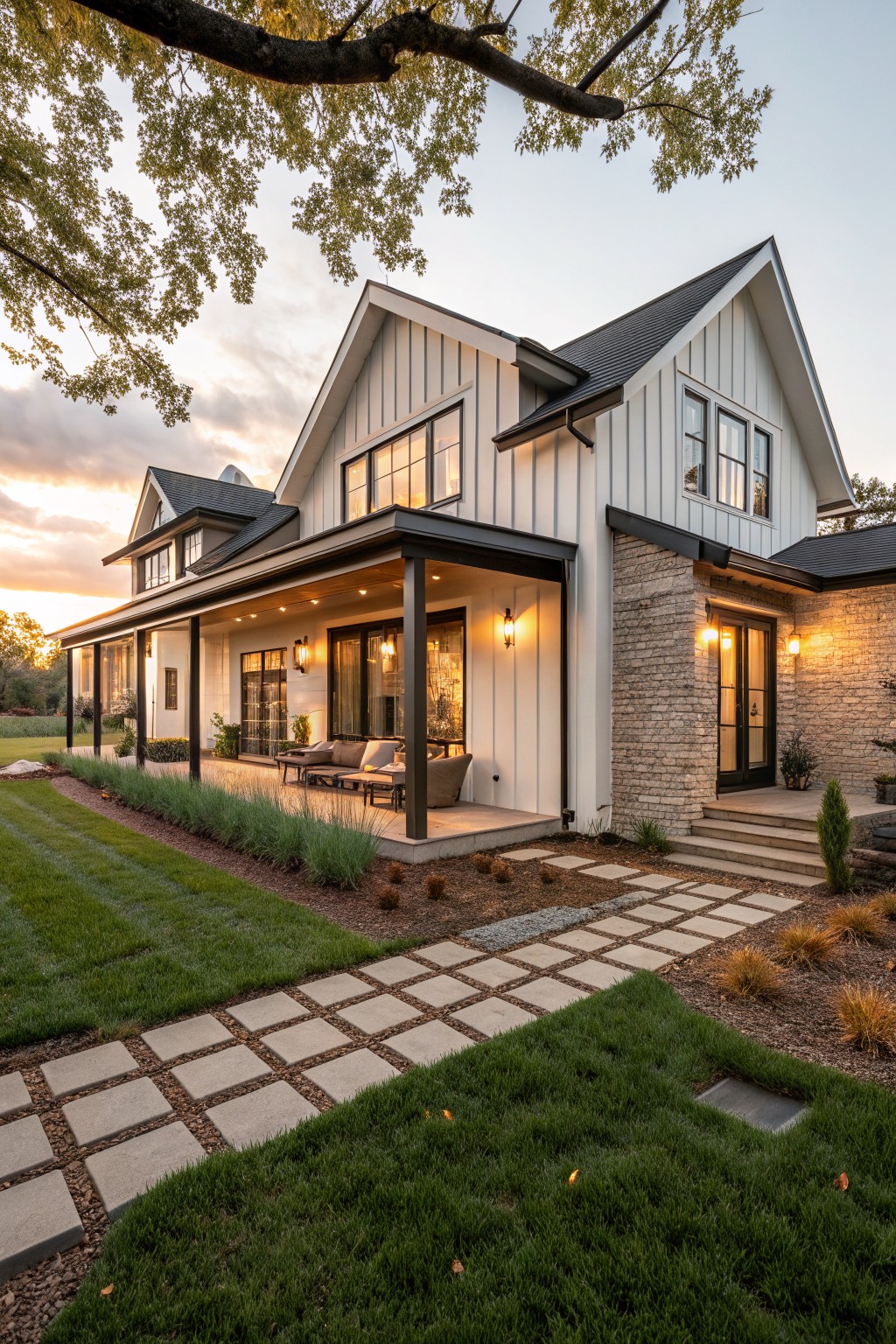 A single-story modern farmhouse exterior featuring white board-and-batten siding, a beige stone entry wall, covered porch with seating, black-framed windows, concrete paver pathway, and lawn landscaping under a partly cloudy sky.