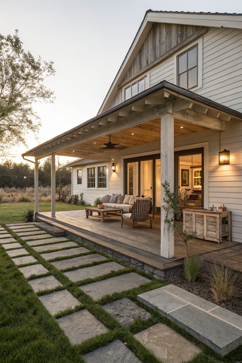 White modern farmhouse house exterior featuring a covered wooden porch with ceiling fan, wicker seating, low table, glass sliding doors, stone step path, and surrounding grass and plantings at dusk.