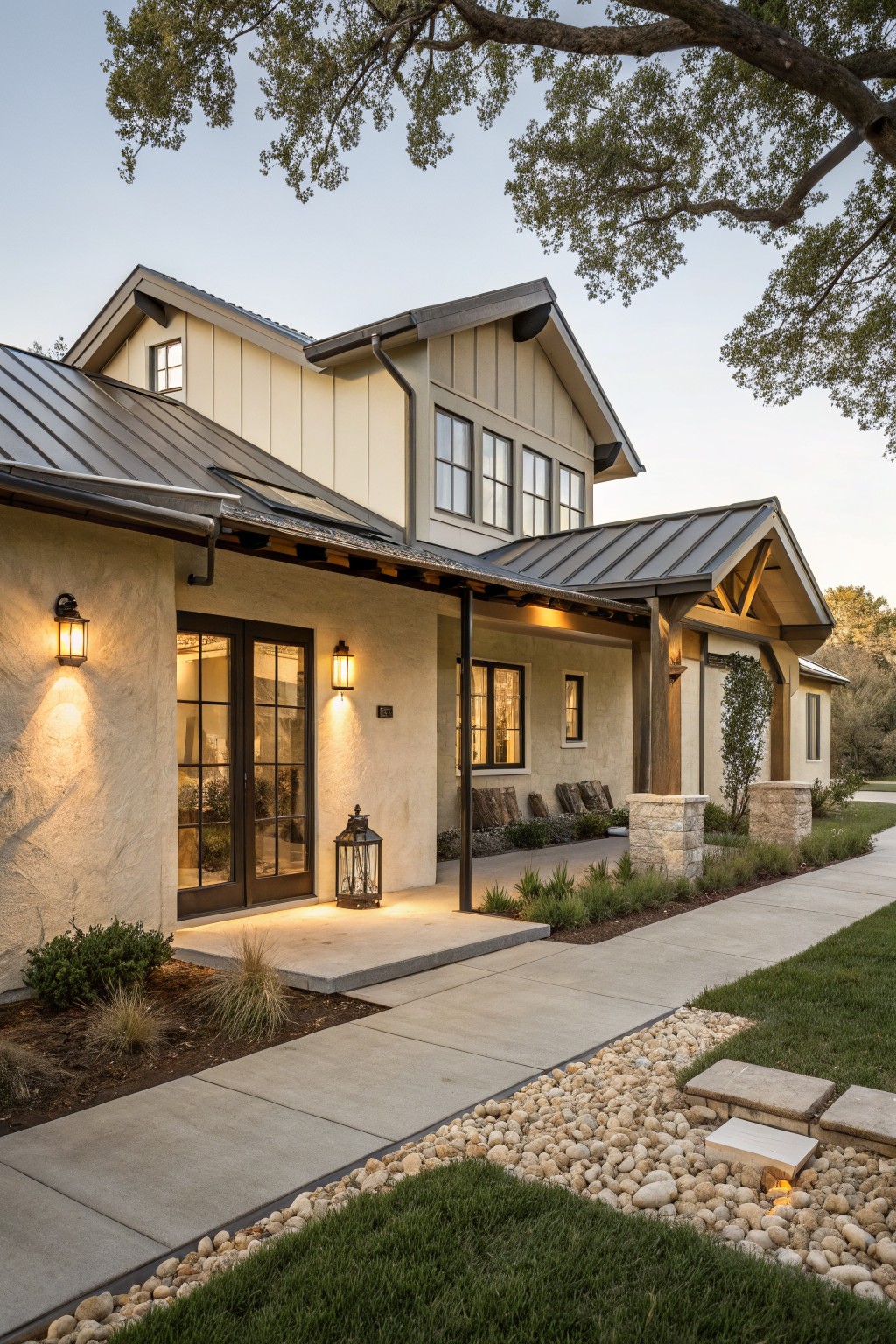 Single-story modern farmhouse exterior featuring cream board-and-batten siding, dark standing-seam metal roof, covered porch with exposed timber beams and posts, double glass entry doors flanked by lantern lights, stone pillars, and gravel pathway with low plantings.
