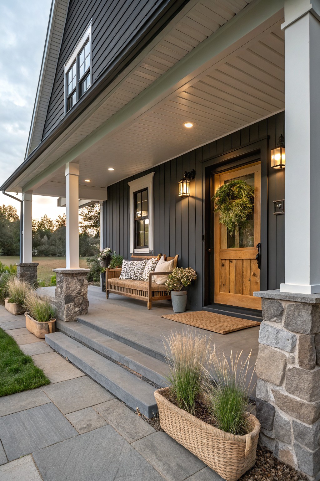 Single-story modern farmhouse house exterior featuring dark gray vertical board-and-batten siding, white-trimmed covered porch with stone-based columns, wooden front door with evergreen wreath, wall lanterns, bench seating, potted grasses, and steps leading to a slate pathway.