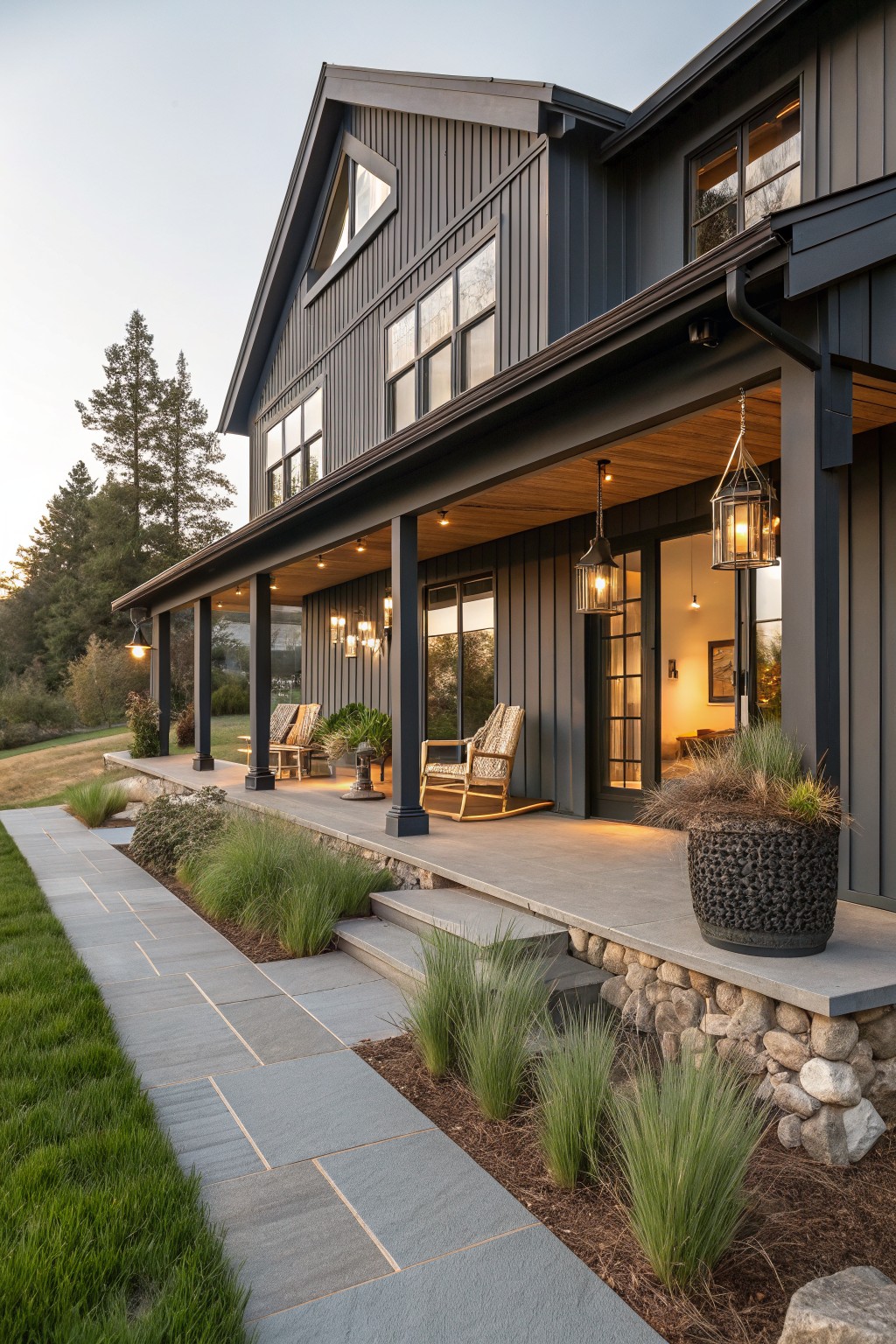 Side exterior of a two-story dark gray board-and-batten house with gabled roof, deep covered porch featuring wooden ceiling, black posts, hanging lanterns, rattan chairs, potted plants, glass door, bluestone walkway, ornamental grasses, stone base, and pine trees in background at dusk.