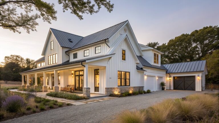 Exterior of a single-story modern farmhouse with white board-and-batten siding, dark standing-seam metal roof, covered porch with lanterns, barn-style garage door, and gravel pathway bordered by lavender plants and grasses.