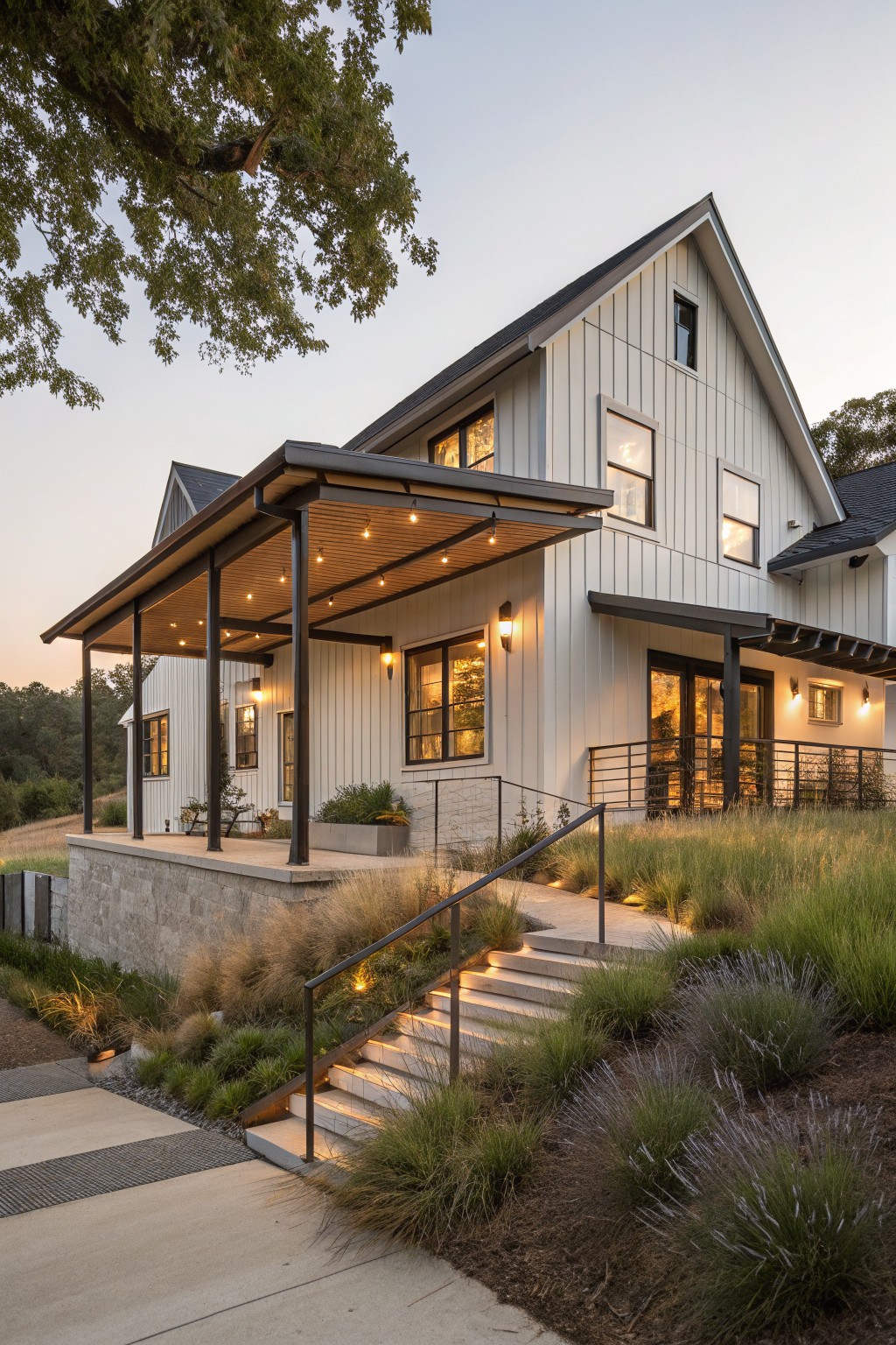 Single-story modern farmhouse exterior at dusk featuring white board-and-batten siding, gabled black metal roof, covered porch with black steel posts and string lights, double glass doors, metal-railed concrete steps with stone retaining wall, and surrounding native grasses and lavender plantings.