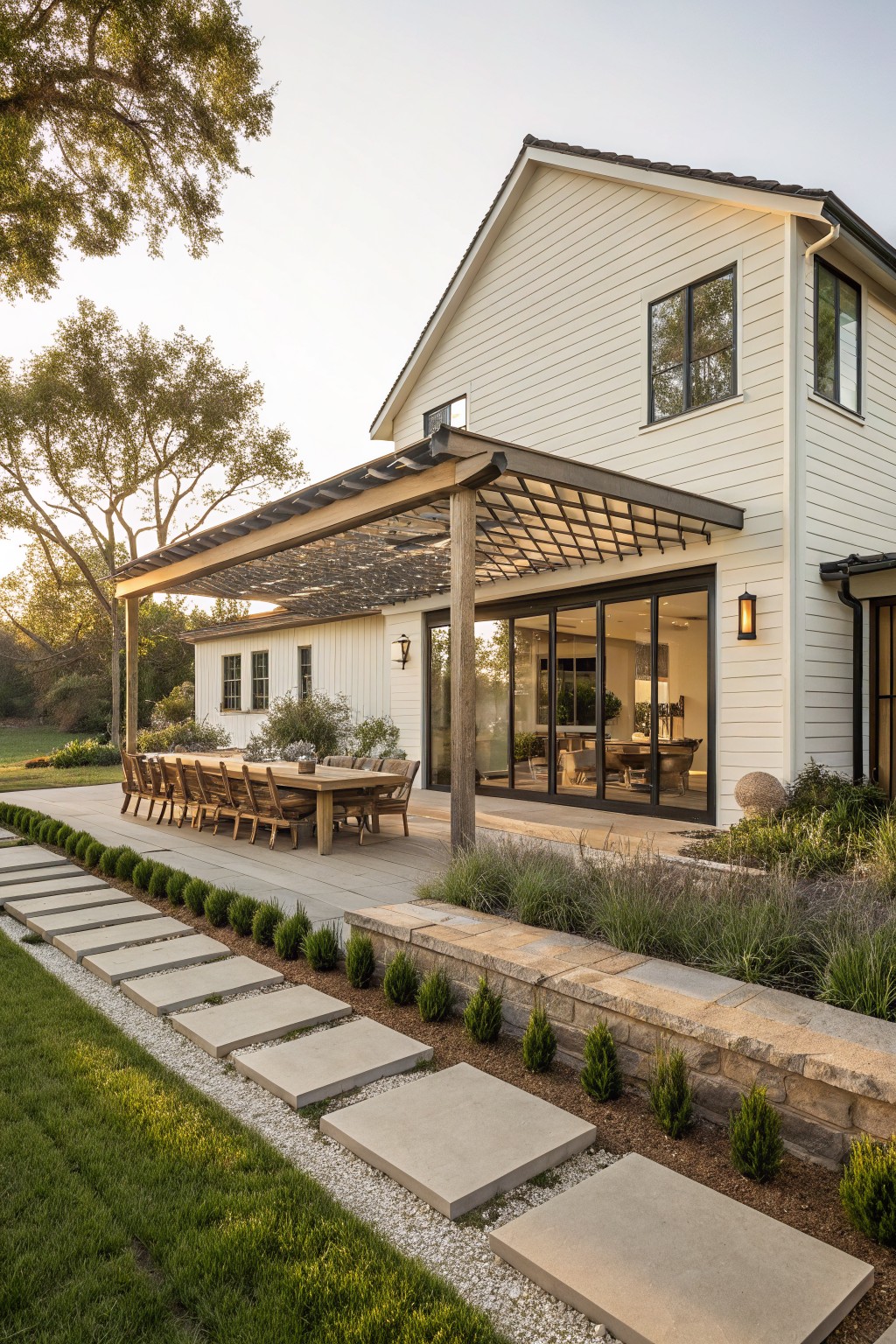 White single-story modern farmhouse exterior with pergola-covered concrete patio holding a long wooden dining table and chairs, large sliding glass doors, stone retaining wall, boxwood hedges, ornamental grasses, and concrete stepping stone path leading from green lawn.