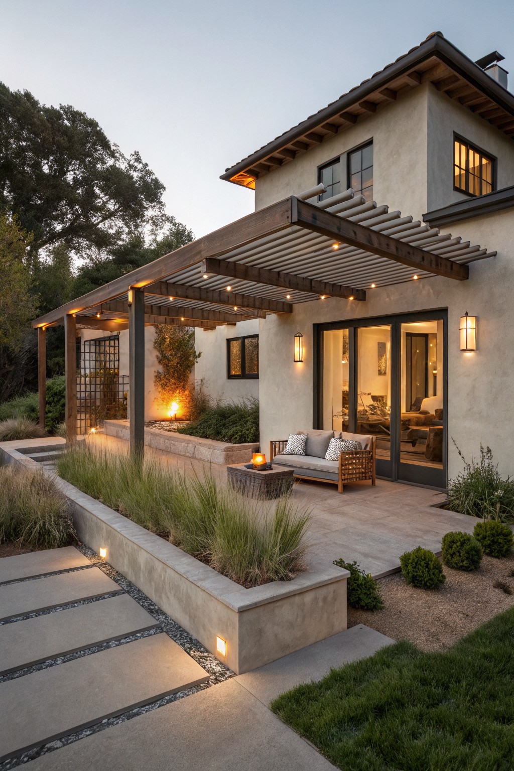 Stucco single-story house exterior at dusk with wooden slatted pergola over concrete patio, featuring outdoor sofa, fire pit, tall grasses, boxwoods, pathway lights, and sliding glass doors.
