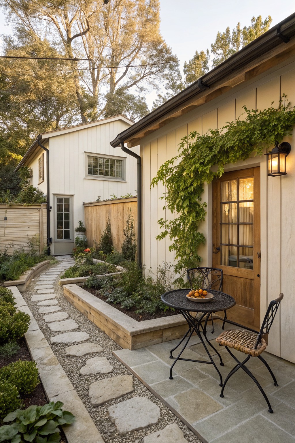 Winding gravel path with irregular stone pavers bordered by raised wooden garden beds containing plants, leading to a glass-paneled wooden door on a white vertical board wall covered in vines, with a small black metal bistro table and rattan chairs on a stone patio beside the door, garden lantern light, and trees visible nearby.