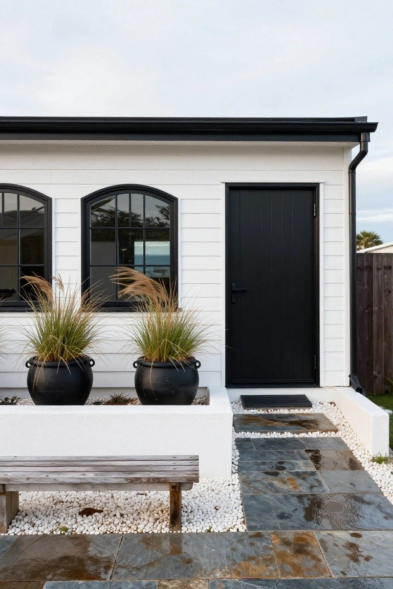 White shiplap exterior wall of a house featuring two tall arched black-framed windows, a black paneled door, two large black pots with pampas grass beside the door, a wooden bench, pebble ground cover, and a wet stone pathway.
