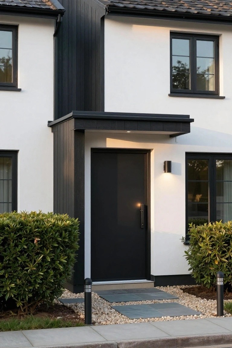 Modern two-story house exterior with white rendered walls, black vertical cladding on the right side, black front door under a black canopy, black-framed windows, shrubs flanking a stone path and gravel bed, and a street curb in front.