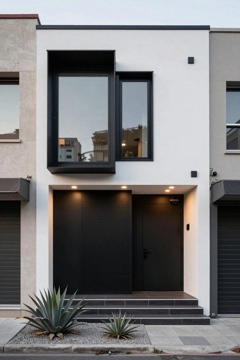Modern two-story house exterior with white walls, black-framed protruding window, textured black entry door with lights, dark steps, two agave plants, and pebble ground cover in front of garage doors.