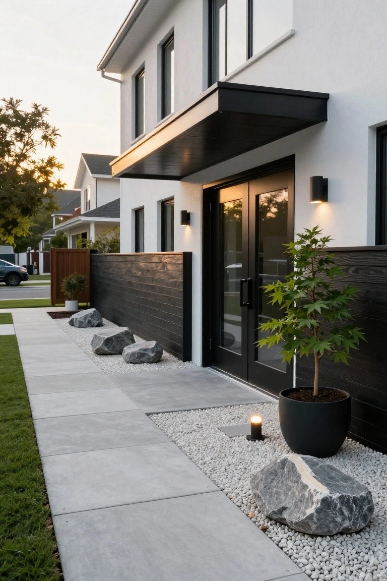 Modern white stucco house exterior featuring black sliding glass entry doors under a black overhang, with a concrete paver pathway, large rocks, white pebbles, a potted tree, and a dark wood fence alongside.
