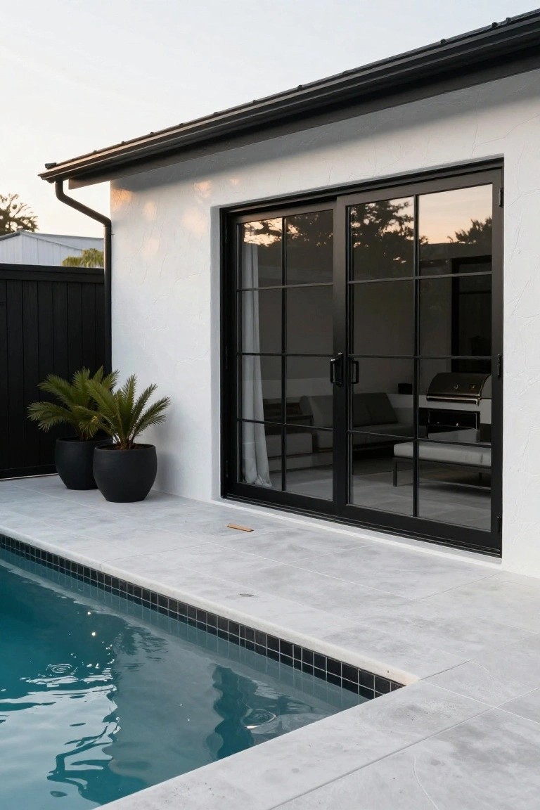 White stucco house wall with large black metal-framed sliding glass doors next to a pool edge, two black pots with palm plants, and a black wooden fence.