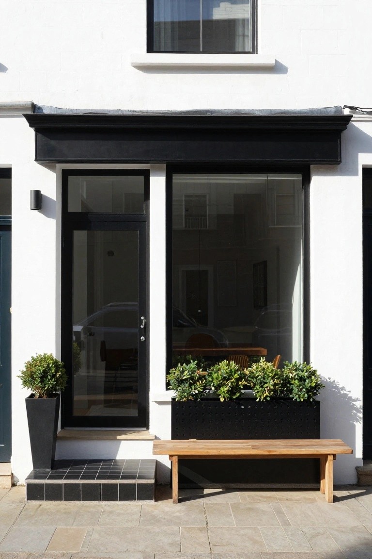 White building facade with black metal canopy over a glass entrance door and large picture window, green boxwood plants in black containers, and a wooden bench on a stone step and pavement.