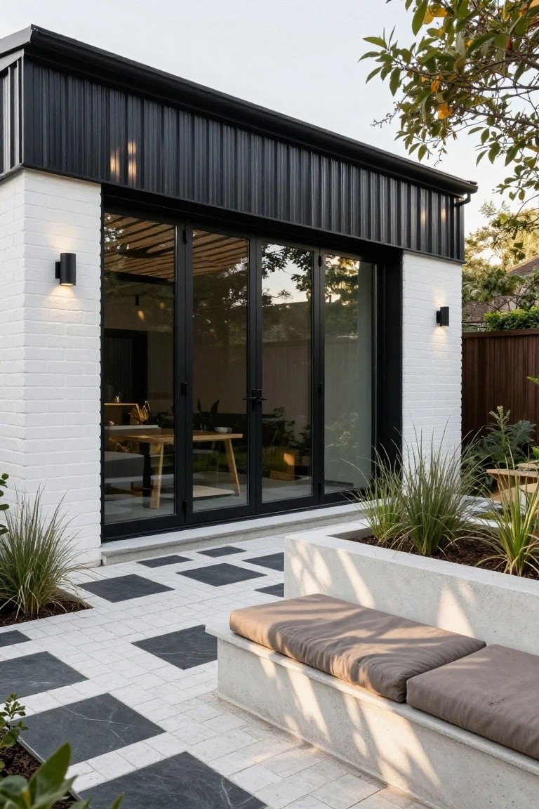 Modern house exterior with black corrugated metal upper walls and roof above white brick lower walls, black-framed sliding glass doors opening to a black-and-white tiled patio with concrete bench, potted plants, and nearby trees.