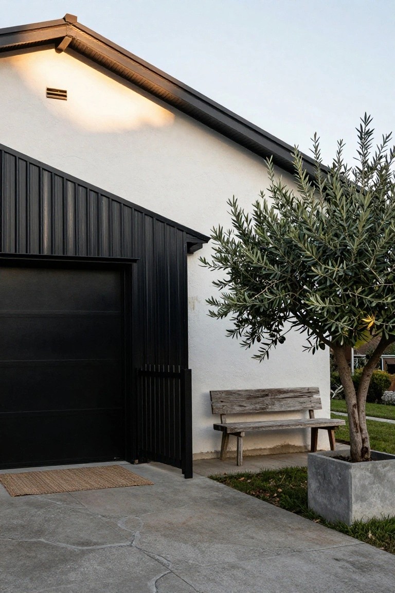 House exterior with white stucco walls, black corrugated metal garage door and cladding, olive tree in a concrete pot, wooden bench, and concrete driveway.
