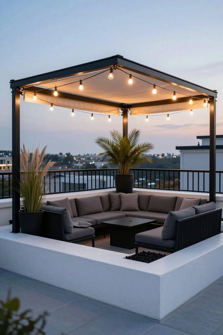 Rooftop terrace featuring black metal pergola with white canopy and string lights over gray L-shaped sectional sofa, black coffee table, fire pit, potted palms and pampas grass, white parapet walls, and city view at dusk.