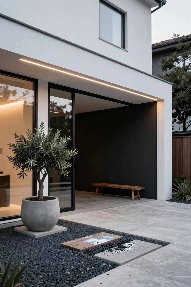 White modern house exterior with black recessed entryway featuring glass doors, wooden bench, potted olive tree, gravel bed with wood accent, LED strip lighting, and stone pavers.