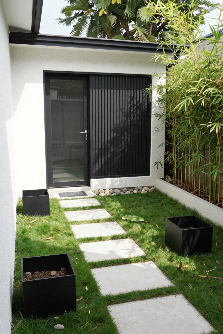 White stucco wall with black vertical slatted sliding glass door and handle, stone paver path leading to it across grass, flanked by black square planters with pebbles and tall bamboo plants.