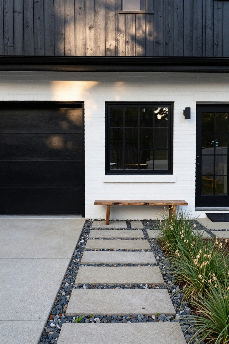Side exterior of a modern house with black wood cladding on the upper section, white brick lower wall beside a black garage door, black-framed windows and doors, a wooden bench against the wall, and a pathway of concrete pavers set in gravel with ornamental grasses.