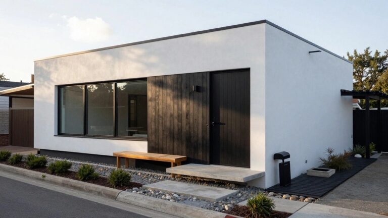 Modern rectangular house with white stucco walls, large black vertical wood sliding door, upper black-framed window, wooden bench, and front yard path of concrete pavers edged with pebbles and grass.