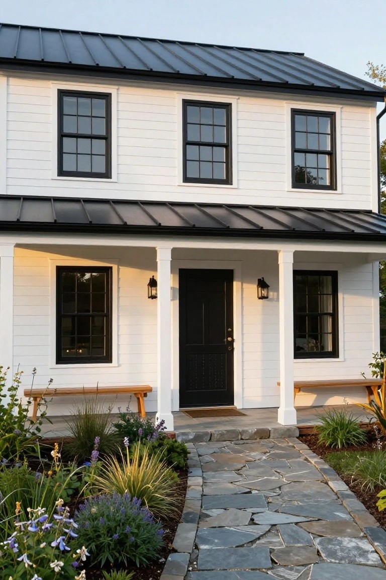 Two-story white clapboard house with black metal roof, black-framed windows, black front door on a porch with wooden benches and lanterns, stone pathway through garden beds with grasses and flowers.