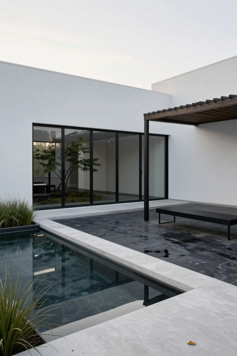 White modern house exterior with large black-framed sliding glass doors, wooden pergola overhead, dark tiled patio area with small rectangular pool and black metal daybed.