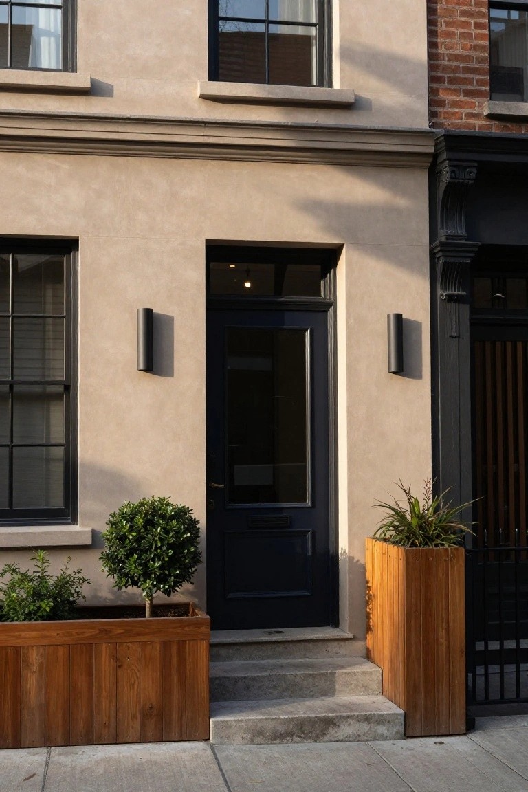 Beige townhouse facade with black front door, black-framed windows and wall lights, wooden planters holding boxwood shrub and ornamental grass, concrete steps, next to black-trimmed brick building with gate.