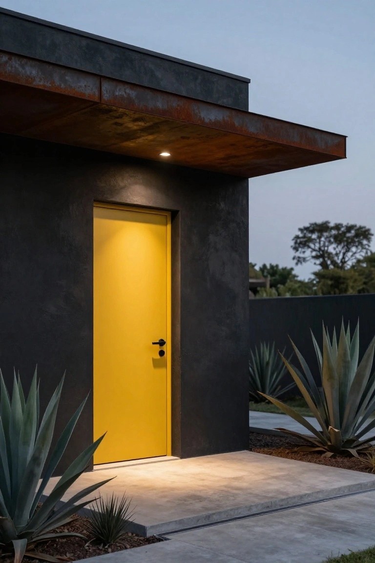 Modern house exterior with a bright yellow front door in a dark textured wall, rusted metal overhang above, agave plants flanking a lit concrete entry path at dusk.