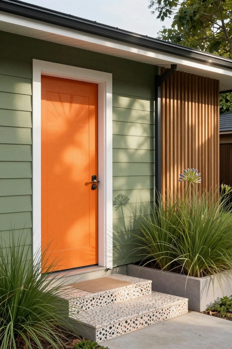 Sage green horizontal siding on a house exterior with a bright orange front door featuring a sunburst panel design, white trim, vertical wood cladding accent, terrazzo steps with a mat, and potted ornamental grasses nearby.