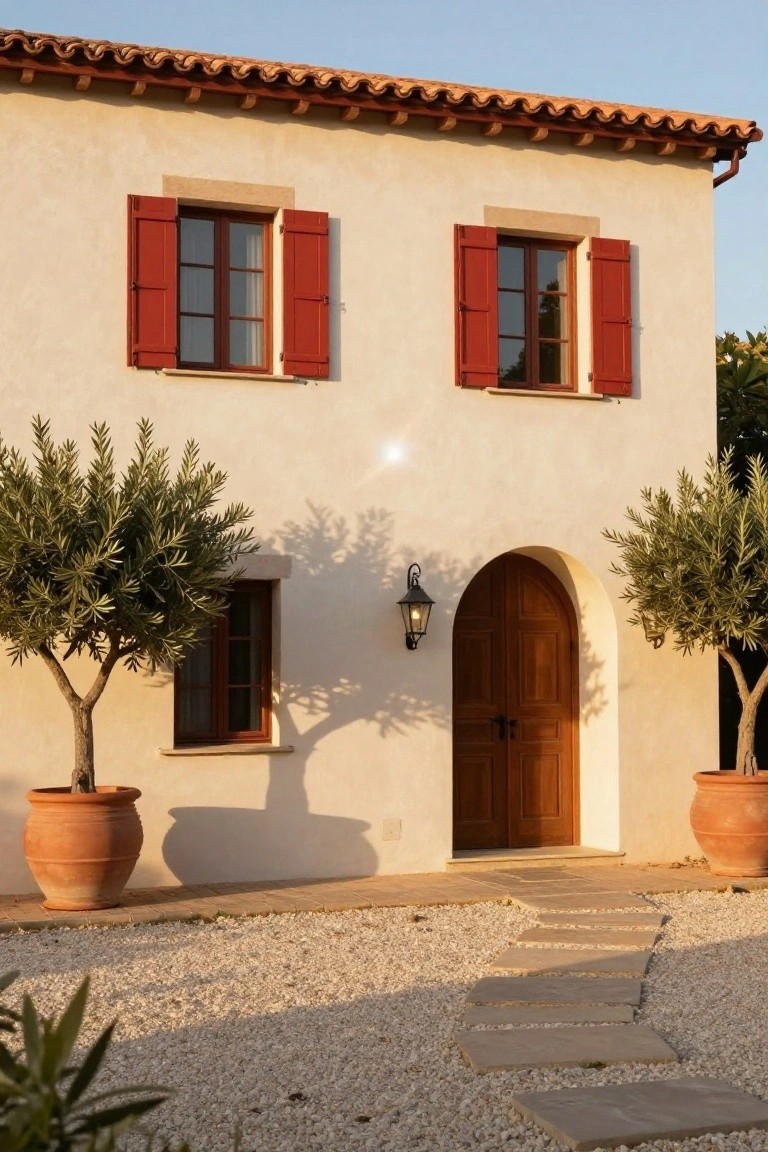 Light stucco house exterior with red shutters on upper and side windows, wooden arched entry door, lantern light, olive trees in terracotta pots, and stone path on gravel yard.