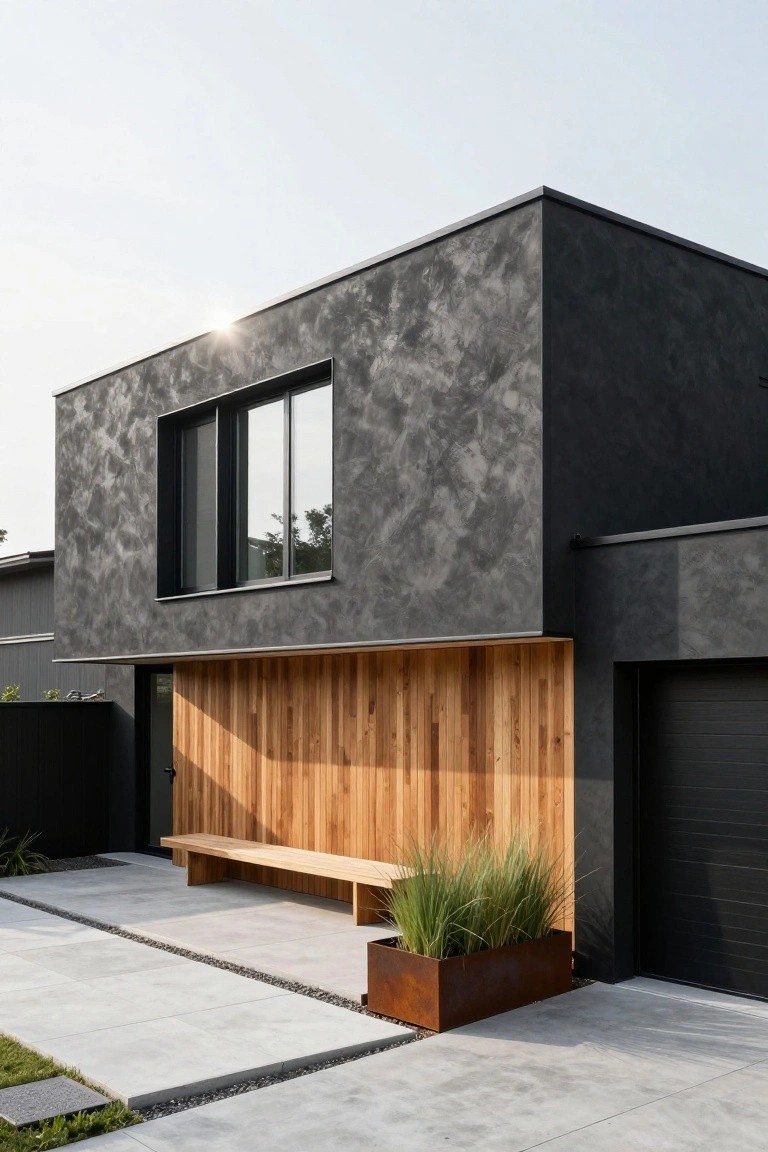 Modern house exterior with dark textured stucco walls, horizontal warm-toned wood cladding at the entrance and bench, black garage door, tall grasses in a rusted steel planter, and light concrete paving with gravel accents.