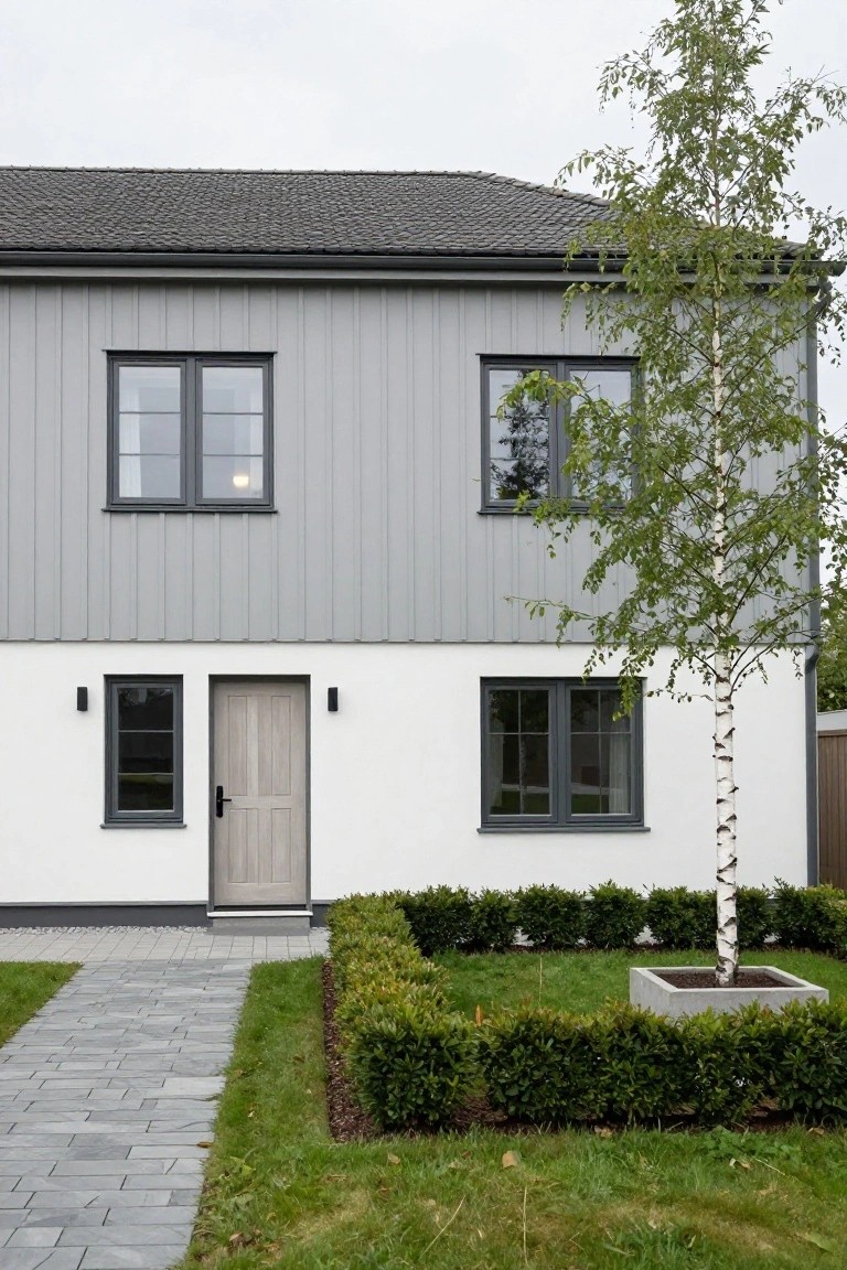A modern two-story house featuring white lower walls, light gray upper cladding, black-framed windows, a light wood entry door, flanked by boxwood hedges, a birch tree in a concrete planter, and a gray stone pathway.