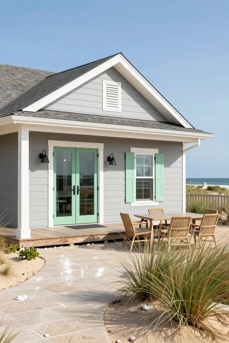 A small gray clapboard beach house with mint green French doors, matching shutters on a side window, black lanterns, wooden deck with rattan dining set, stone path, dune grasses, and ocean view.