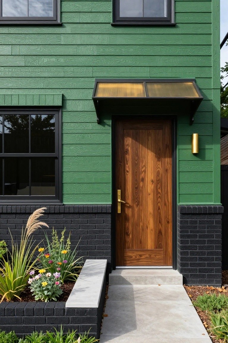 Modern house exterior with vertical green shiplap siding, dark wooden front door with brass handle, black brick base, gold metal awning and wall light, and low flower bed with plants.