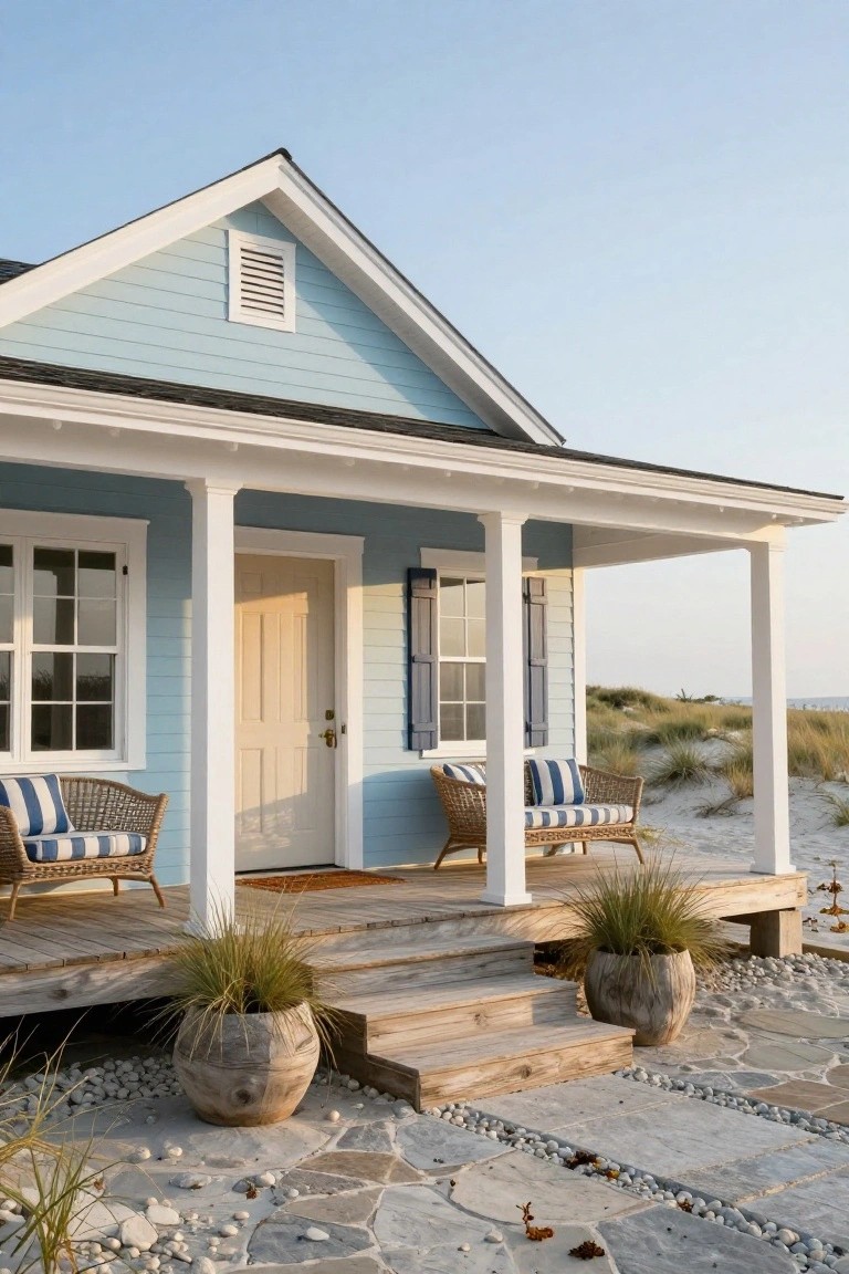 Light blue clapboard house with white trim, covered porch supported by columns, wicker chairs with blue cushions, potted grasses, wooden steps, and stone path amid sandy dunes and beach grass.
