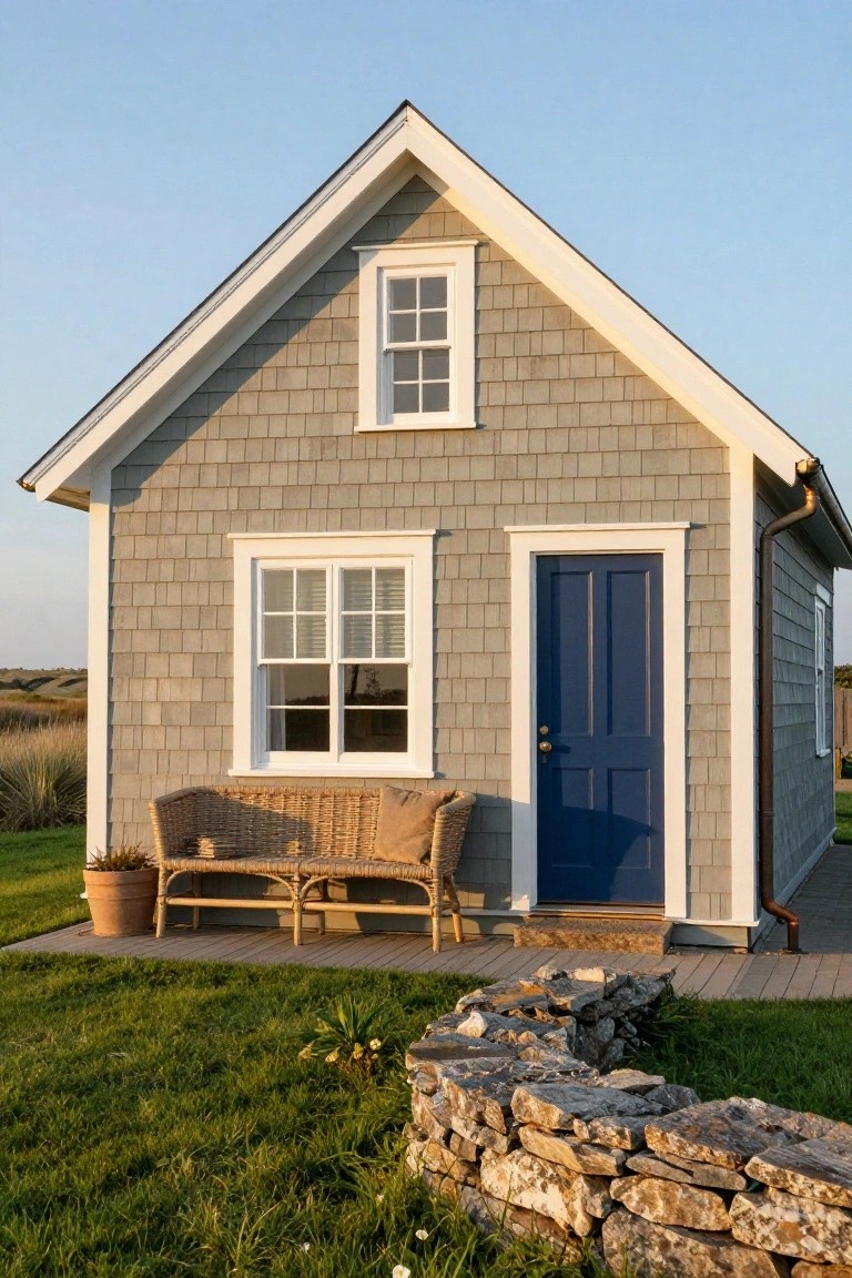 Small gray shingle house with white trim, navy blue front door, wicker bench on deck, potted plant, stone wall, and grass yard under blue sky.
