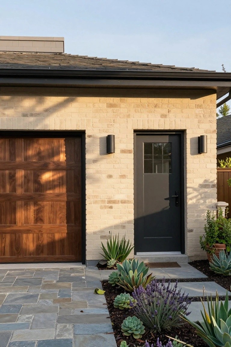 Corner view of a beige brick house exterior with wooden garage door, black front door with window, black wall sconces, stone paver pathway, and succulent plants in front.