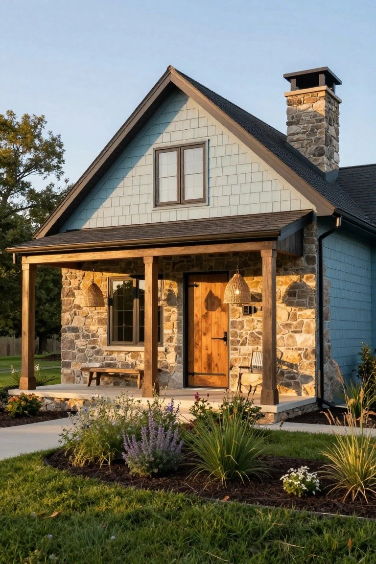 Front exterior of a small house with light blue shingle siding, stone foundation and chimney, wooden porch columns and door, pendant lights, and landscaped yard with plants and grass.
