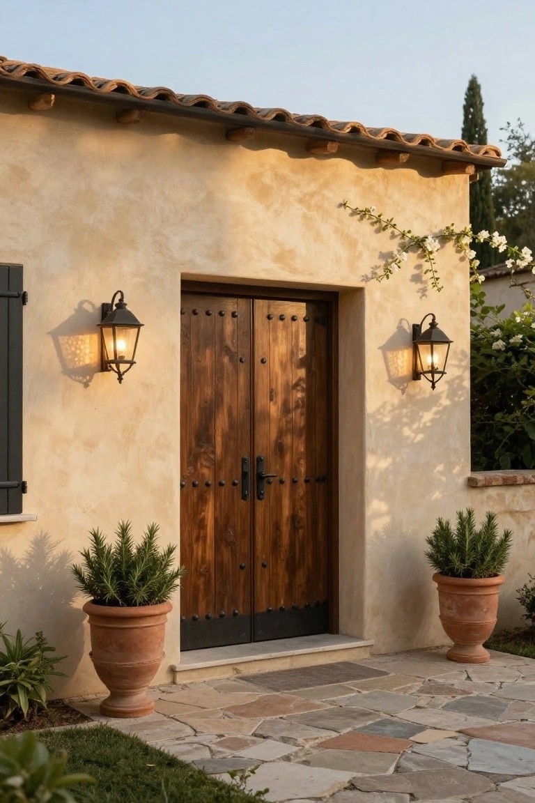 Beige stucco house exterior featuring a dark wooden double door with iron studs and handles, flanked by black lanterns, terracotta pots with spiky plants, vines on the wall, and a stone pathway.