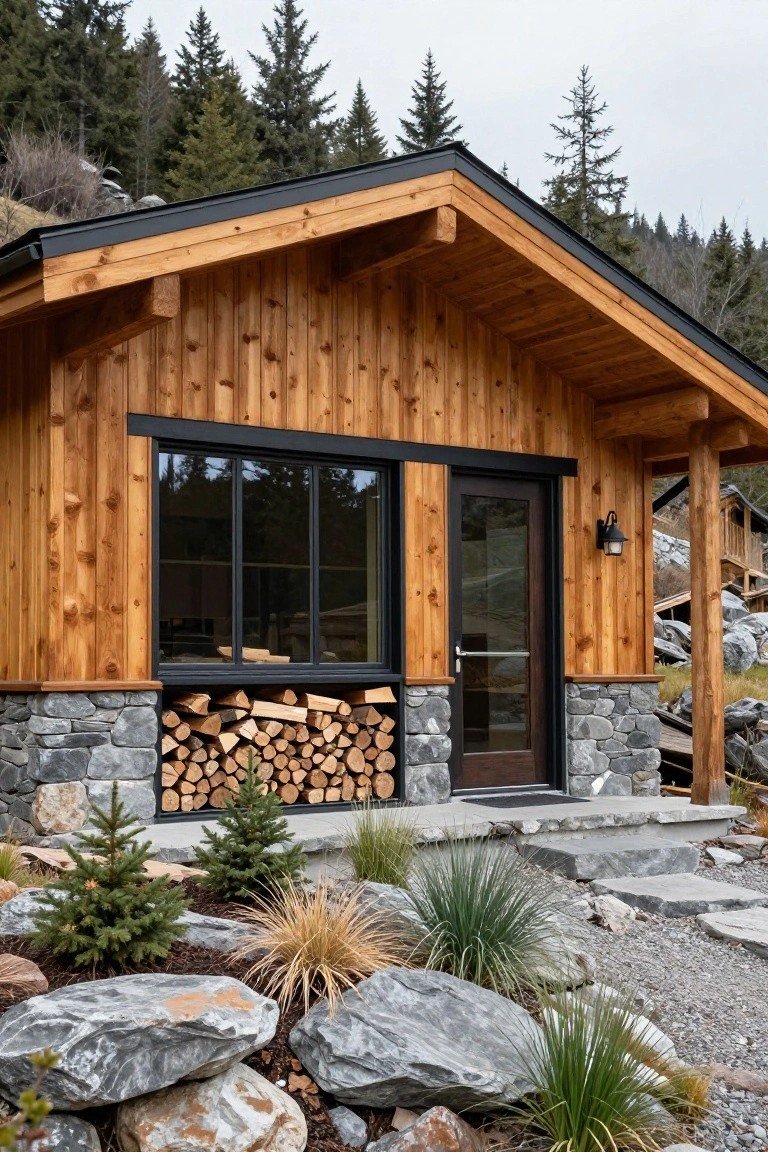 Wooden cabin exterior featuring vertical golden-brown wood siding, black-framed sliding windows and door, gray stone foundation with stacked firewood, steps leading to entry, small trees and rocks in foreground, evergreen forest background.