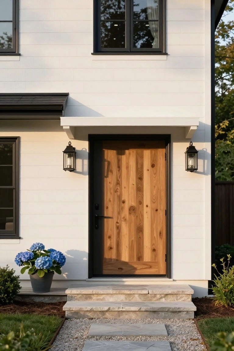 White board-and-batten sided house exterior with black-framed windows and door surround, a vertical-grain wooden front door, lantern lights on either side, potted blue hydrangeas, stone entry steps, and gravel path.