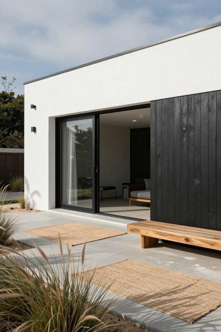 White Stucco Walls with Dark Wood Siding