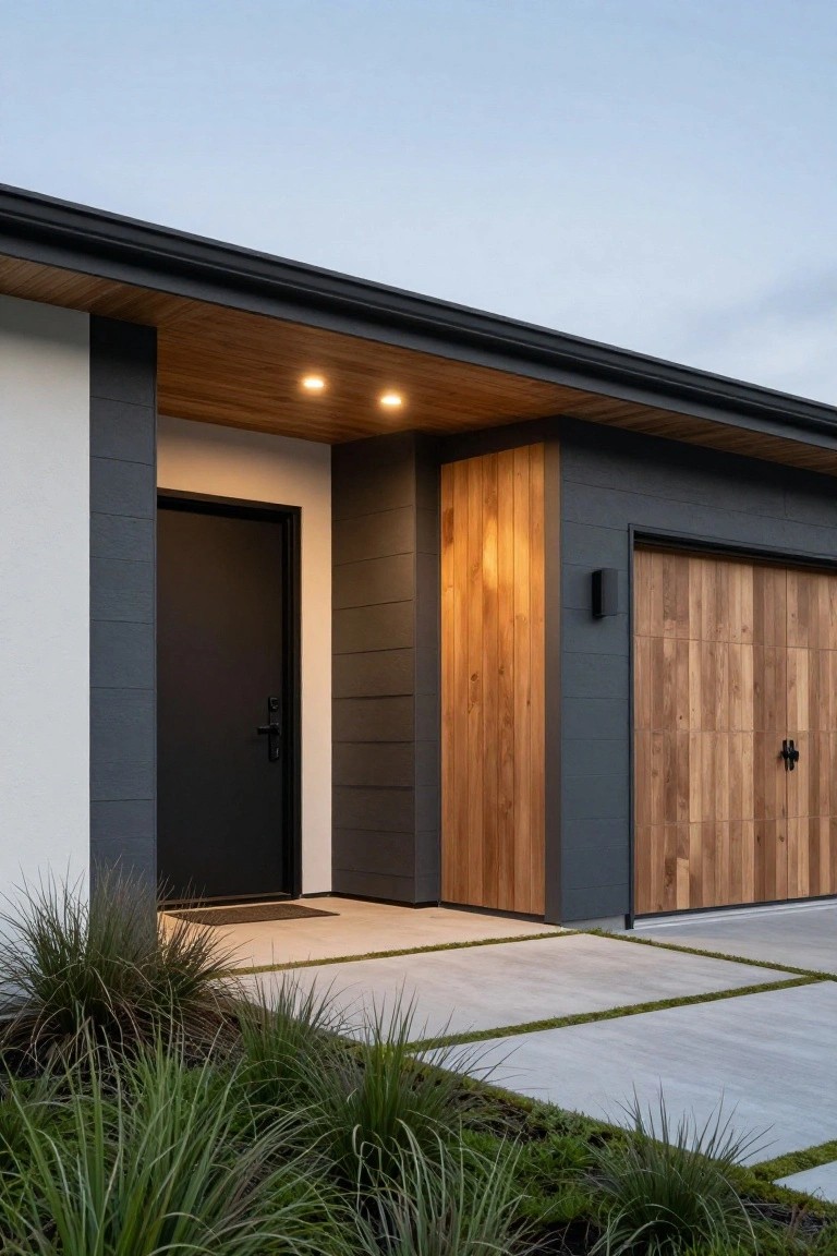 Modern house exterior with white stucco walls, dark gray vertical panels, black front door, warm wood entry cladding and garage door, concrete entry path, and clumps of ornamental grasses.